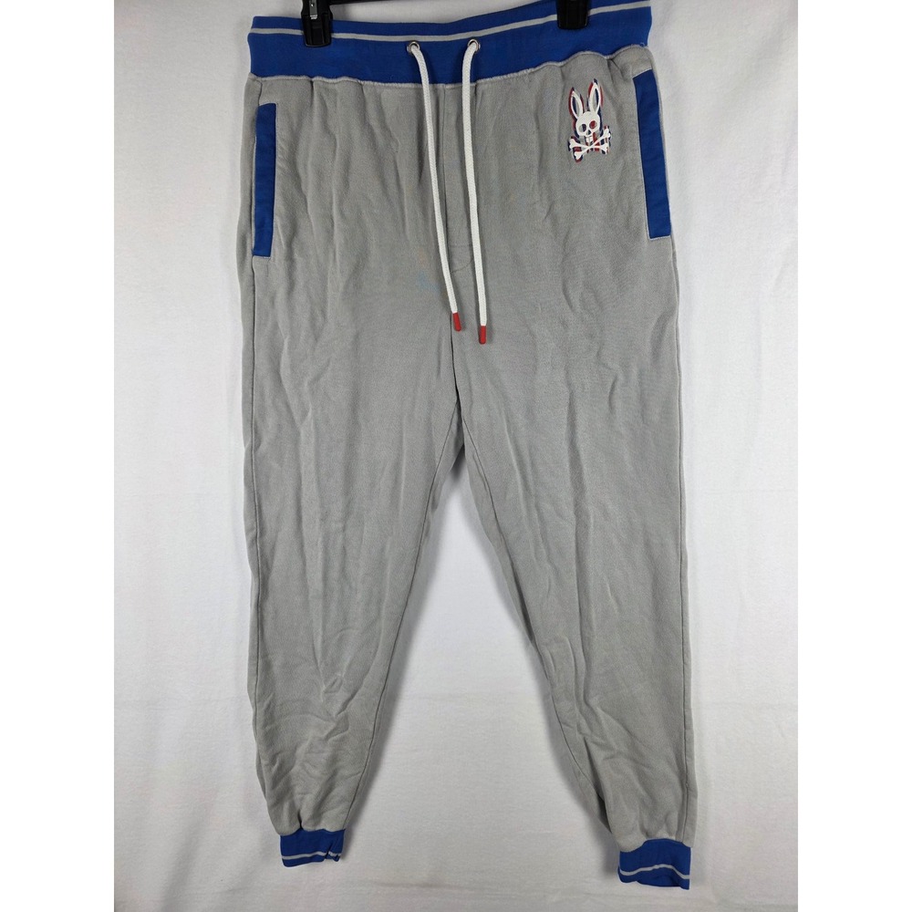 Psycho Bunny Mens‎ Joggers Gray Blue Contrast Waistband Logo Sweatpants Size L